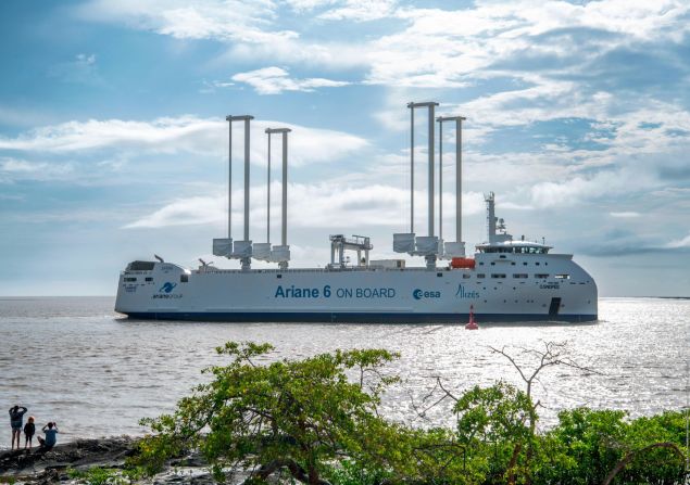 Canopée was designed to transport European space rocket Ariane 6. Built in facilities across Europe, the rocket parts have to be delivered to the European Space Agency's spaceport in French Guiana. The ship is shown arriving in Pariacabo harbor, French Guiana, in November 2023. It's just one example of modern ships using wind power to reduce their carbon emissions.