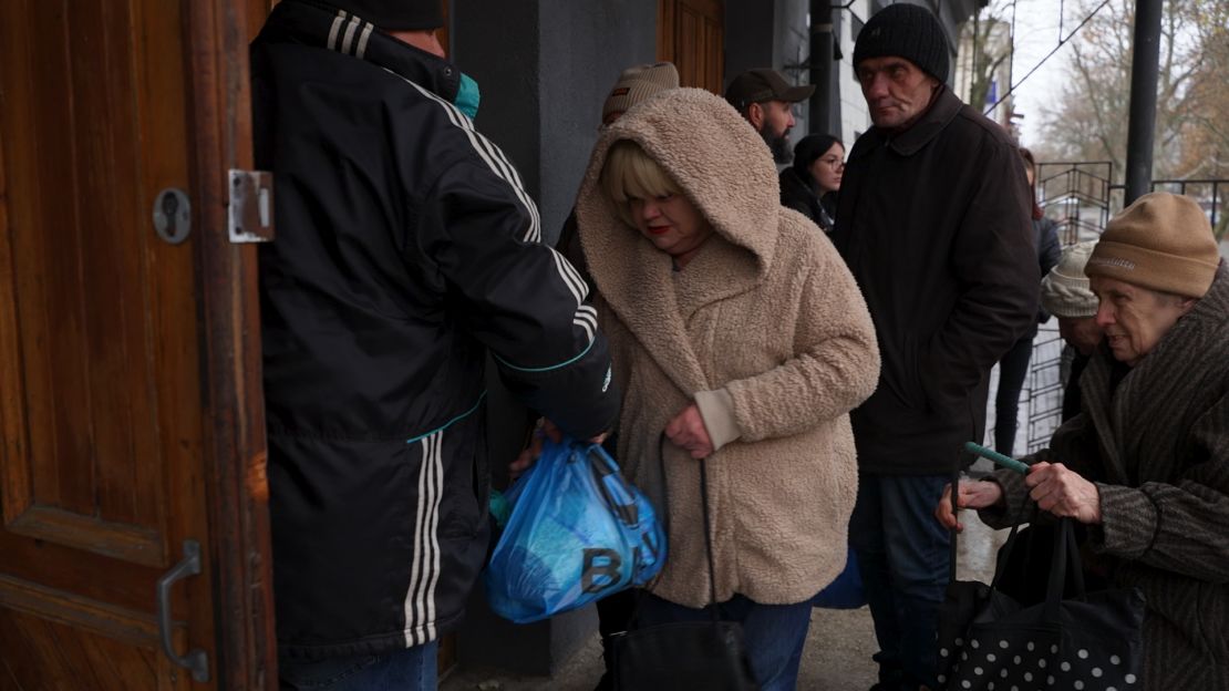 Aid distribution point in Kherson city. Some days there isnt enough packages for everyone in line.