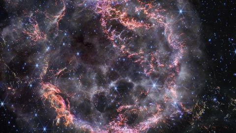 A new high-definition image from the NASA/ESA/CSA James Webb Space Telescope's NIRCam (Near-Infrared Camera) unveils intricate details of supernova remnant Cassiopeia A (Cas A), and shows the expanding shell of material slamming into the gas shed by the star before it exploded. The most noticeable colours in Webb's newest image are clumps of bright orange and light pink that make up the inner shell of the supernova remnant. These tiny knots of gas, composed of sulphur, oxygen, argon, and neon from the star itself, are only detectable thanks to NIRCam's exquisite resolution, and give researchers a hint at how the dying star shattered like glass when it exploded. The outskirts of the main inner shell look like smoke from a campfire. This marks where ejected material from the exploded star is ramming into surrounding circumstellar material. Researchers have concluded that this white colour is light from synchrotron radiation, which is generated by charged particles travelling at extremely high speeds and spiralling around magnetic field lines. There are also several light echoes visible in this image, most notably in the bottom right corner. This is where light from the star's long-ago explosion has reached, and is warming, distant dust, which glows as it cools down. [Image description: A roughly circular cloud of gas and dust with complex structure. The inner shell is made of bright pink and orange filaments studded with clumps and knots that look like tiny pieces of shattered glass. Around the exterior of the inner shell, there are curtains of wispy gas that look like campfire smoke. Around and within the nebula, various stars are seen as points of blue and white light. Outside the nebula, there are also clumps of dust, coloured yellow in the image.]