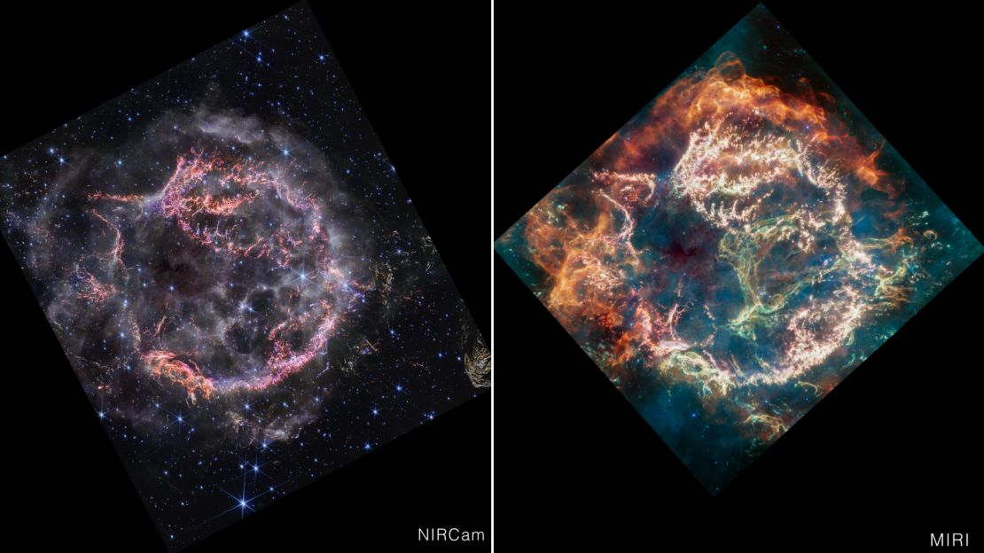 This image provides a side-by-side comparison of supernova remnant Cassiopeia A (Cas A) as captured by the NASA/ESA/CSA James Webb Space Telescope's NIRCam (Near-Infrared Camera) and MIRI (Mid-Infrared Instrument). At first glance, Webb's NIRCam image appears less colourful than the MIRI image. But this is only because the material from the object is emitting light at many different wavelengths The NIRCam image appears a bit sharper than the MIRI image because of its greater resolution. The outskirts of the main inner shell, which appeared as a deep orange and red in the MIRI image, look like smoke from a campfire in the NIRCam image. This marks where the supernova blast wave is ramming into surrounding circumstellar material. The dust in the circumstellar material is too cool to be detected directly at near-infrared wavelengths, but lights up in the mid-infrared. Also not seen in the near-infrared view is the loop of green light in the central cavity of Cas A that glowed in mid-infrared light, nicknamed the Green Monster by the research team. The circular holes visible in the MIRI image within the Green Monster, however, are faintly outlined in white and purple emission in the NIRCam image. [Image description: A comparison between two images, one on the left (labelled NIRCam), and on the right (labelled MIRI), separated by a white line. On the left, the image is of a roughly circular cloud of gas and dust with a complex structure. The inner shell is made of bright pink and orange filaments that look like tiny pieces of shattered glass. Around the exterior of the inner shell are curtains of wispy gas that look like campfire smoke. On the right is the same nebula seen in different light. The curtains of material outside the inner shell glow orange instead of white. The inner shell looks more mottled, and is a muted pink. At centre right, a greenish loop extends from the right side of the ring into the central cavity.]