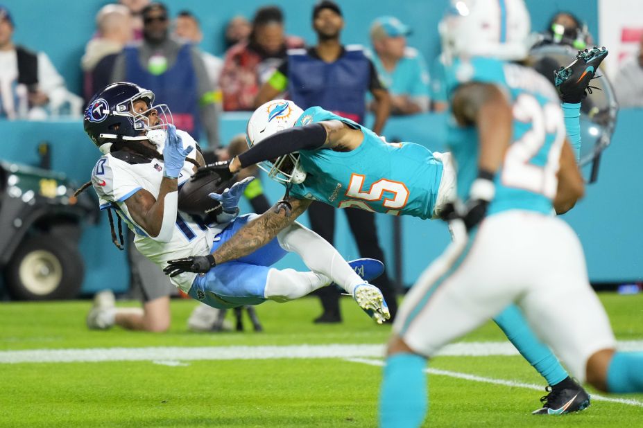 Tennessee Titans wide receiver DeAndre Hopkins catches a pass during a Monday Night Football game against Miami on December 11. The Titans trailed 27-13 with 3:08 left in the fourth quarter, but <a href=