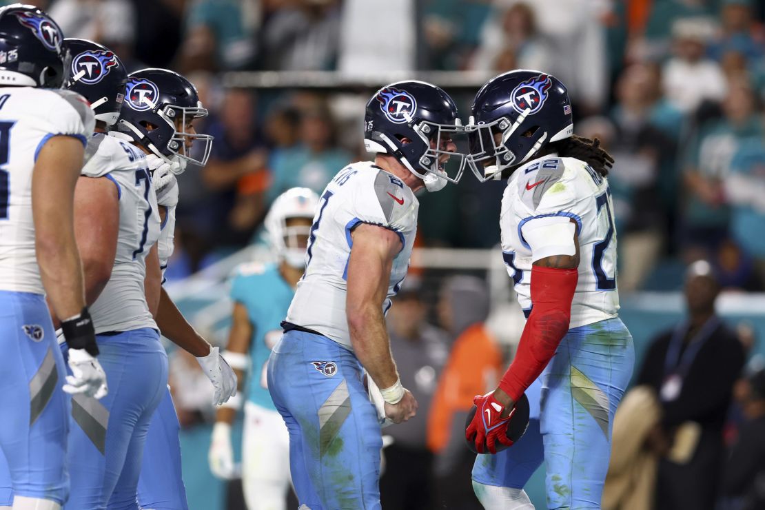 MIAMI GARDENS, FLORIDA - DECEMBER 11: Will Levis #8 and Derrick Henry #22 of the Tennessee Titans celebrate after a touchdown in the fourth quarter at Hard Rock Stadium on December 11, 2023 in Miami Gardens, Florida. (Photo by Megan Briggs/Getty Images)