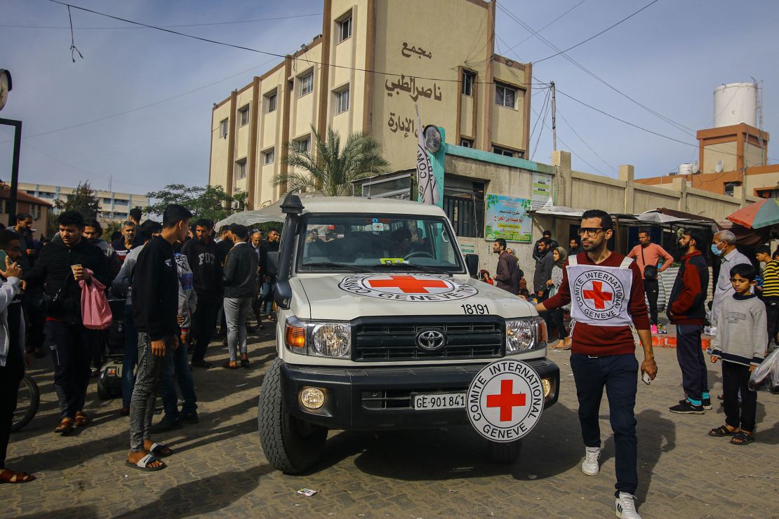 Medical aid from the International Committee of the Red Cross (ICRC) arrives at the Nasser Medical Hospital in Khan Younis, southern Gaza, on Saturday, Dec. 9, 2023. Israeli troops pushed deeper into the southern city of Khan Younis, the hometown of Hamas's leader in Gaza, Yahya Sinwar. Photographer: Ahmad Salem/Bloomberg via Getty Images