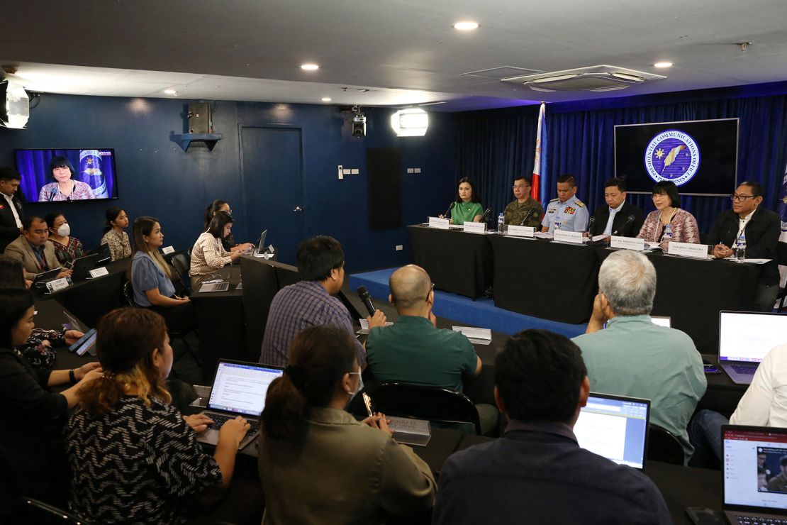 A general view of a press conference about the recent incidents of Chinese aggression and harassment in Scarborough Shoal and Second Thomas Shoal in the disputed South China Sea, in Manila on December 11, 2023.