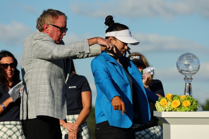 Rahm wasn't the only player to take home a new wardrobe item this season. After triumphing at the CME Group Tour Championship in Naples, Florida in November, South Korea's Amy Yang was fitted with a blue champion's jacket.