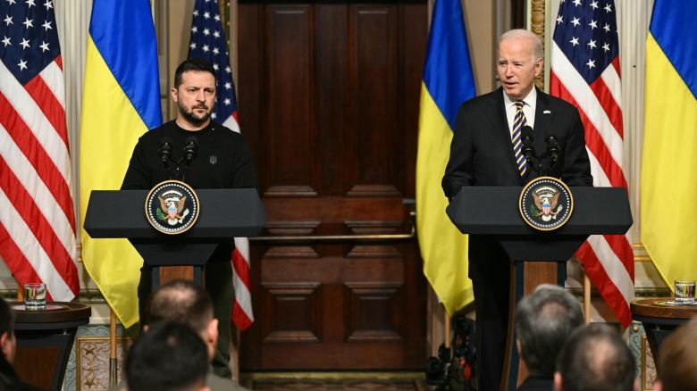 US President Joe Biden and Ukraine's President Volodymyr Zelensky hold a joint press conference in the Indian Treaty Room of the Eisenhower Executive Office Building, next to the White House, in Washington, DC, on December 12, 2023. (Photo by Mandel NGAN / AFP) (Photo by MANDEL NGAN/AFP via Getty Images)