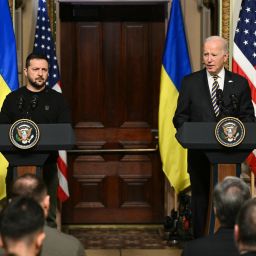 US President Joe Biden and Ukraine's President Volodymyr Zelensky hold a joint press conference in the Indian Treaty Room of the Eisenhower Executive Office Building, next to the White House, in Washington, DC, on December 12, 2023. (Photo by Mandel NGAN / AFP) (Photo by MANDEL NGAN/AFP via Getty Images)