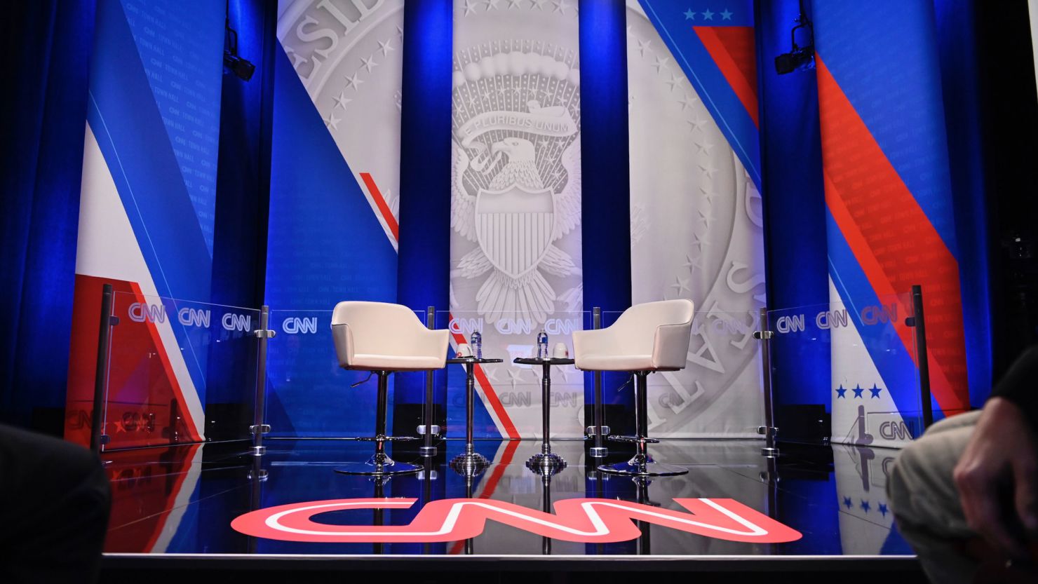 The stage sits empty ahead of a CNN Republican Town Hall with Florida Gov. Ron DeSantis at Grand View University in Des Moines, Iowa, on December 12, 2023.