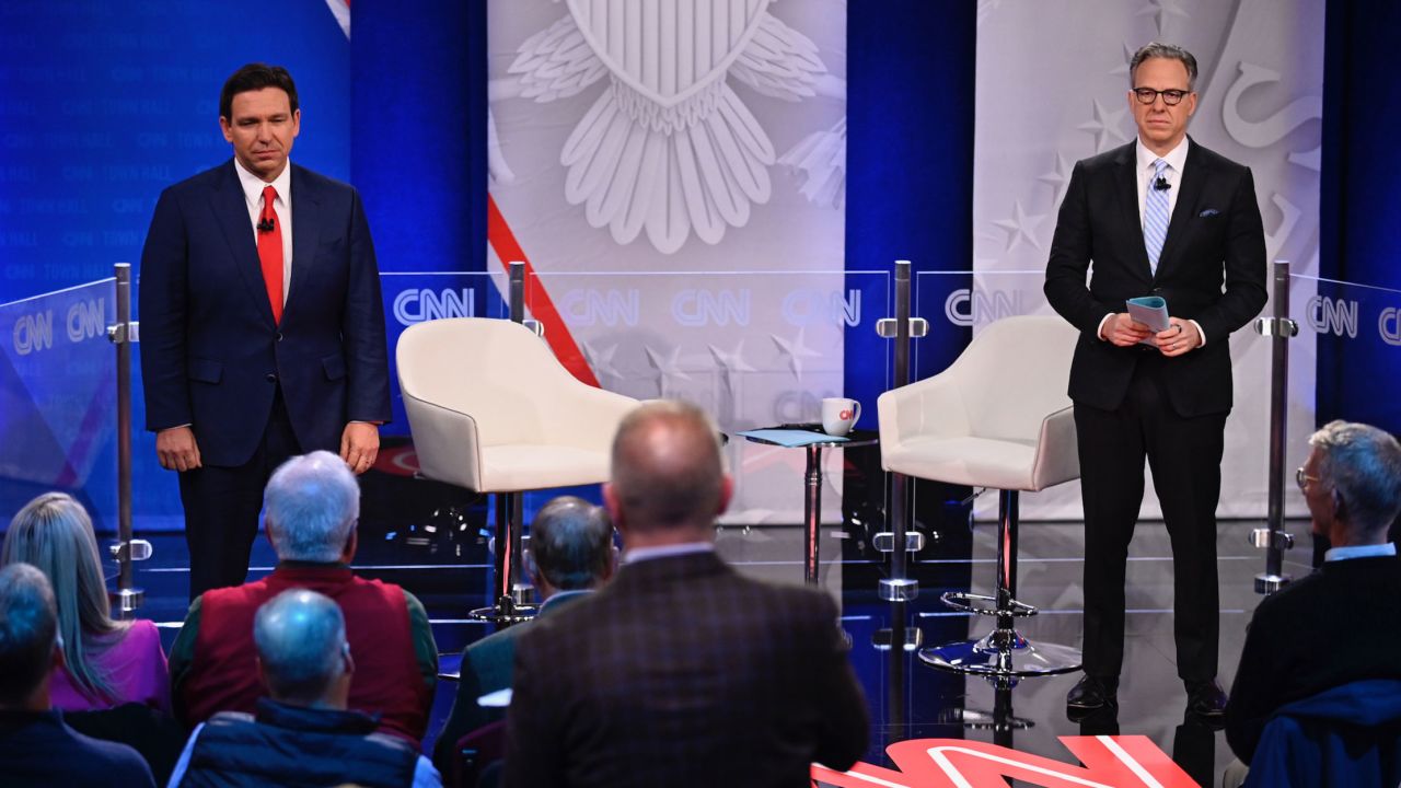 Republican presidential candidate and Florida Gov. Ron DeSantis participates in a CNN Republican Town Hall moderated by CNN's Jake Tapper at Grand View University in Des Moines, Iowa, on Tuesday, December 12, 2023.