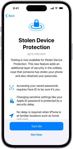 A screenshot of Apple's new Stolen Device Protection feature, currently in beta testing.