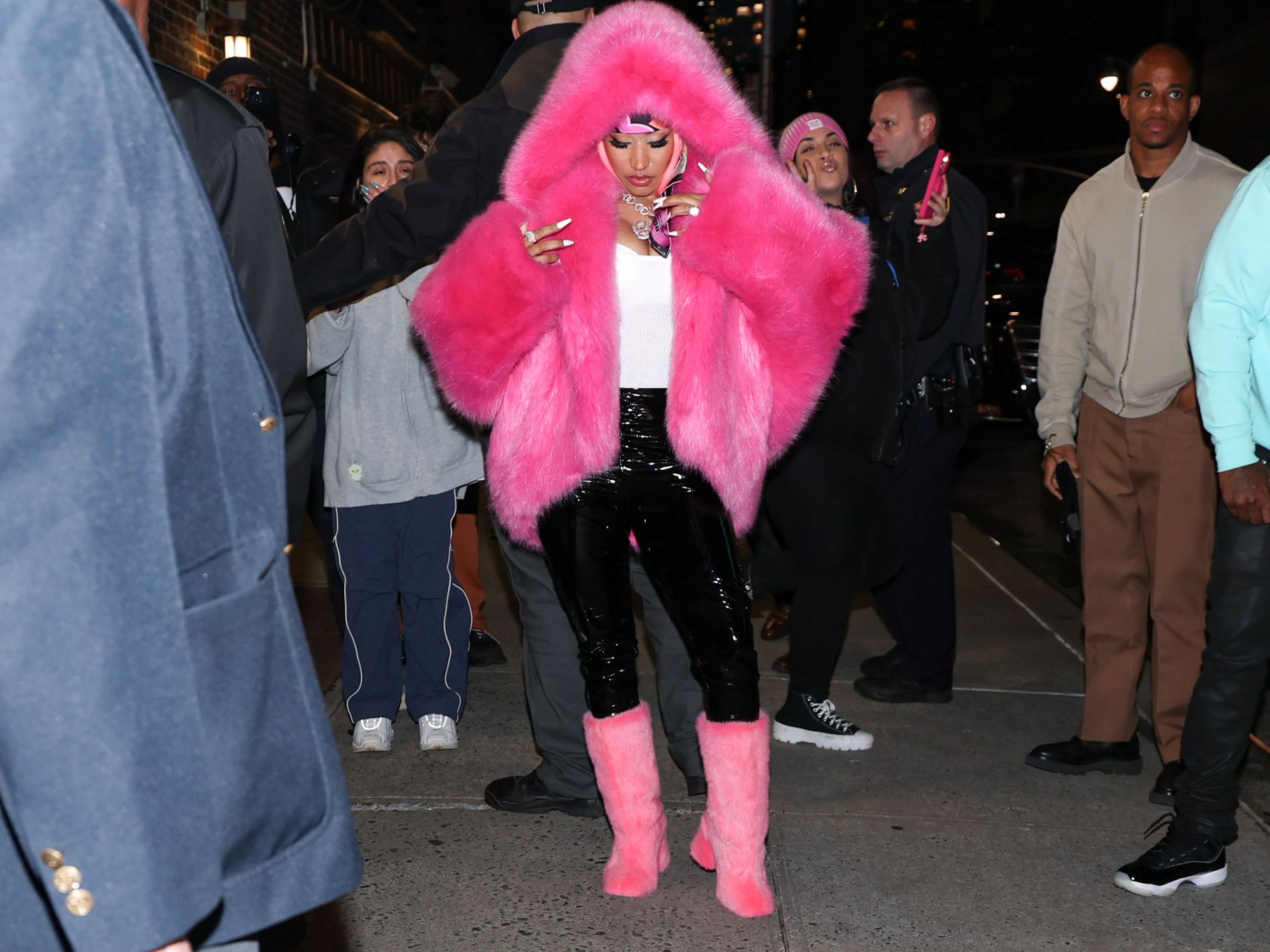 NEW YORK, NY - DECEMBER 11: Nicki Minaj is seen arriving at 'The Late Show With Stephen Colbert' on December 11, 2023 in New York City.  (Photo by Jason Howard/Bauer-Griffin/GC Images)