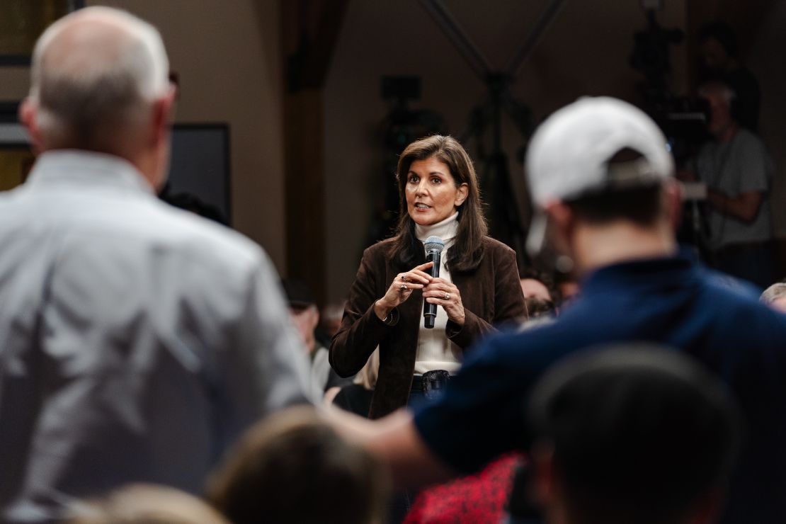 MANCHESTER, NEW HAMPSHIRE - DECEMBER 12: Republican presidential candidate Nikki Haley takes questions from supporters after receiving the endorsement of New Hampshire Gov. Chris Sununu during a Town hall event at McIntyre Ski Area on December 12, 2023 in Manchester, New Hampshire. (Photo by Sophie Park/Getty Images)