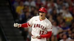 ANAHEIM, CALIFORNIA - JUNE 21: Shohei Ohtani #17 of the Los Angeles Angels reacts after flying out during the ninth inning of a game against the Los Angeles Dodgers at Angel Stadium of Anaheim on June 21, 2023 in Anaheim, California. (Photo by Sean M. Haffey/Getty Images)