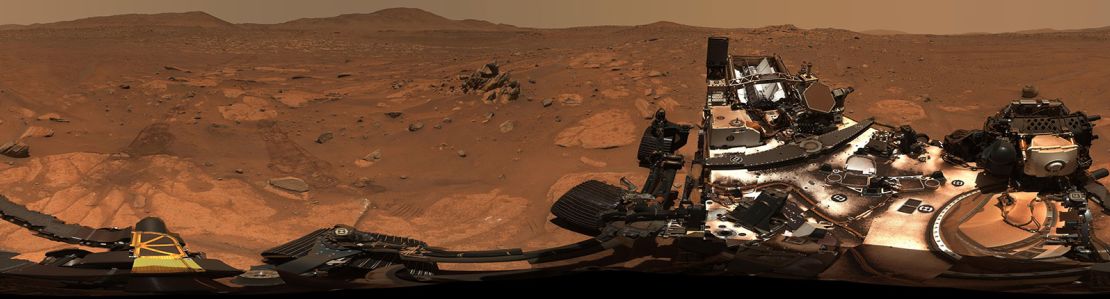 Composed of 993 individual images and 2.38 billion pixels, this 360-degree mosaic taken by NASA's Perseverance looks in all directions from a location the rover science team calls "Airey Hill." The rover remained parked at Airey Hill during the entirety of solar conjunction.