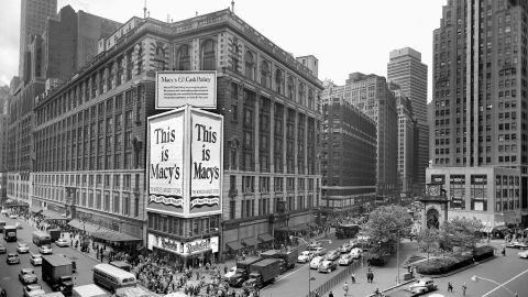 UNITED STATES - JULY 30:  Today, Macy's is a whole block long. The Herald Building has gone. Church tower, was atop Broadway Tabernacle, sold in 1902. New church is located at Broadway and 56th St. and the old Statue of William Dodge has been moved to Bryand Park.  (Photo by David McLane/NY Daily News Archive via Getty Images)