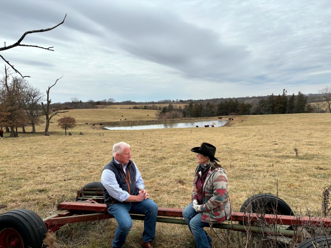 John King talks with Iowa voter Shanen Ebersole in Ringgold County, Iowa, in December.