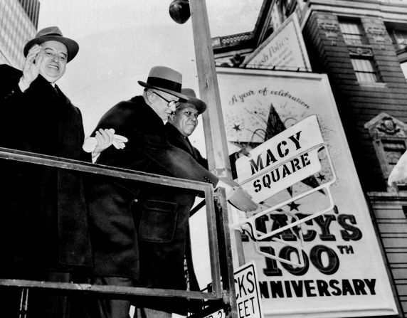 A street sign in New York is changed from Herald Square to Macy Square to mark the company's 100th anniversary in 1958.
