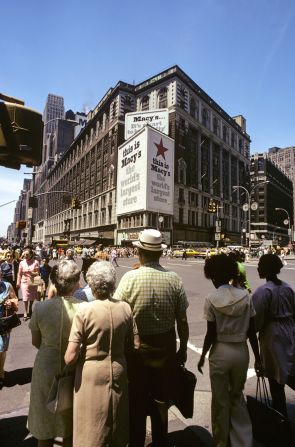 People walk outside Macy's flagship store in New York in 1974.