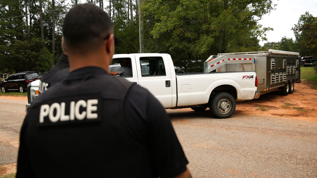 A dog transport is seen arriving at a property following a raid related to dog fighting in Prosperity, South Carolina, on September 21, 2023.