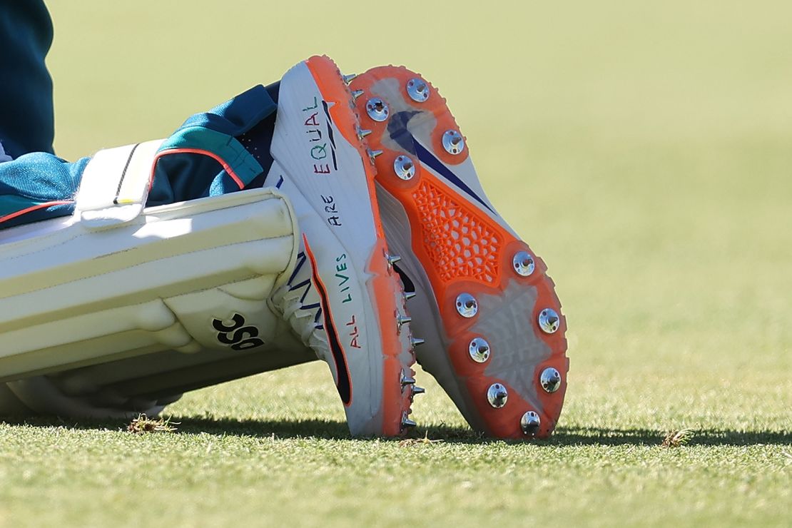 The shoes of Usman Khawaja are pictured during an Australian nets session the at the WACA on December 11, 2023 in Perth, Australia.
