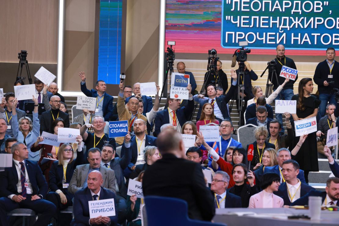 This pool photograph distributed by Russia's state agency Sputnik shows Russian President Vladimir Putin holding his year-end press conference at Gostiny Dvor exhibition hall in central Moscow on December 14, 2023. (Photo by Vladimir GERDO / POOL / AFP) (Photo by VLADIMIR GERDO/POOL/AFP via Getty Images)