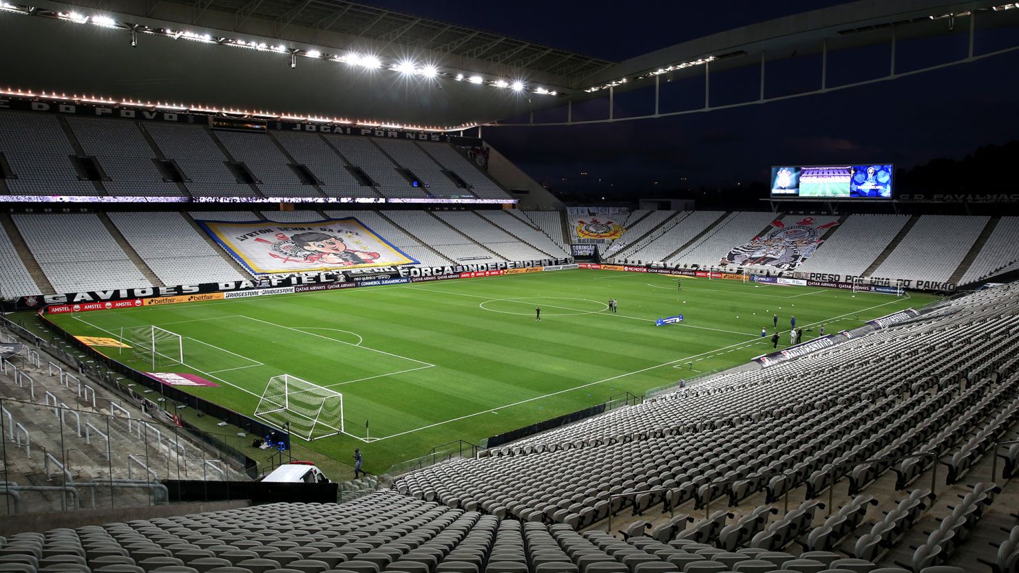 SAO PAULO, BRAZIL - APRIL 29: General view of the empty stadium prior to a match between Corinthians and Peñarol as part of Group E of Copa CONMEBOL Sudamericana 2021 at Arena Corinthians on April 29, 2021 in Sao Paulo, Brazil. (Photo by Alexandre Schneider/Getty Images)