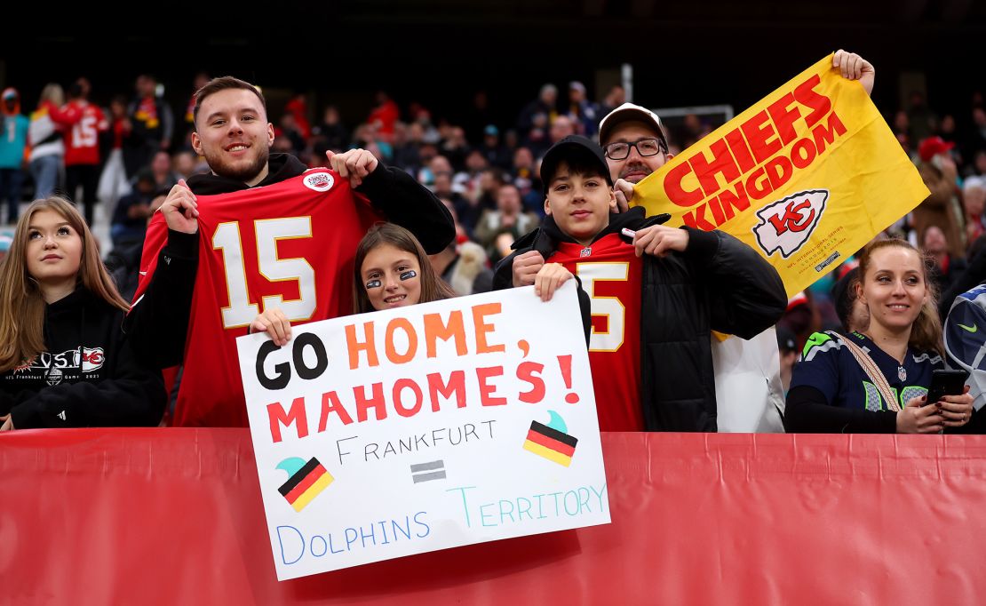 FRANKFURT AM MAIN, GERMANY - NOVEMBER 05: Kansas City Chiefs fans show their support prior to the NFL match between Miami Dolphins and Kansas City Chiefs at Deutsche Bank Park on November 05, 2023 in Frankfurt am Main, Germany. (Photo by Alex Grimm/Getty Images)