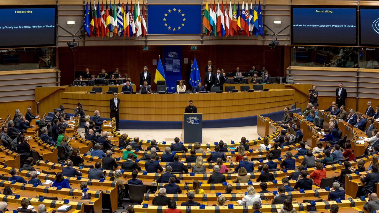 BRUSSELS, BELGIUM - FEBRUARY 09: Ukrainian President Volodymyr Zelensky gives a speech at the European Parliament in the presence of all MEPs and parliamentary leaders at European Parliament on February 09, 2023 in Brussels, Belgium. Ukrainian President Volodymyr Zelensky visits Brussels as part of his second foreign trip since the start of the Ukrainian war, which has included visits to the UK and France. In Brussels, Zelensky will also attend the European Council summit. (Photo by Omar Havana/Getty Images)