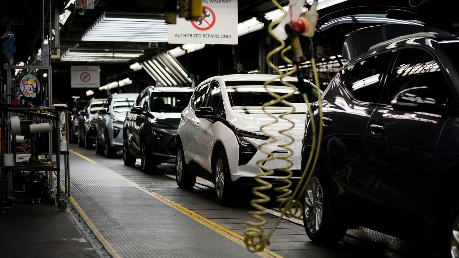 The 2023 Chevrolet Bolt EV and EUV assembly line is seen at the General Motors Orion Assembly, Thursday, June 15, 2023, in Lake Orion, Mich. (AP Photo/Carlos Osorio)