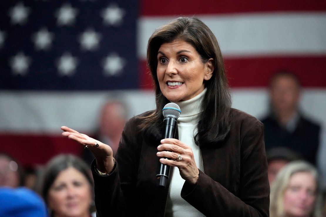 Republican presidential candidate former U.N. Ambassador Nikki Haley speaks at a town hall campaign event, Tuesday, Dec.12, 2023, in Manchester, N.H.