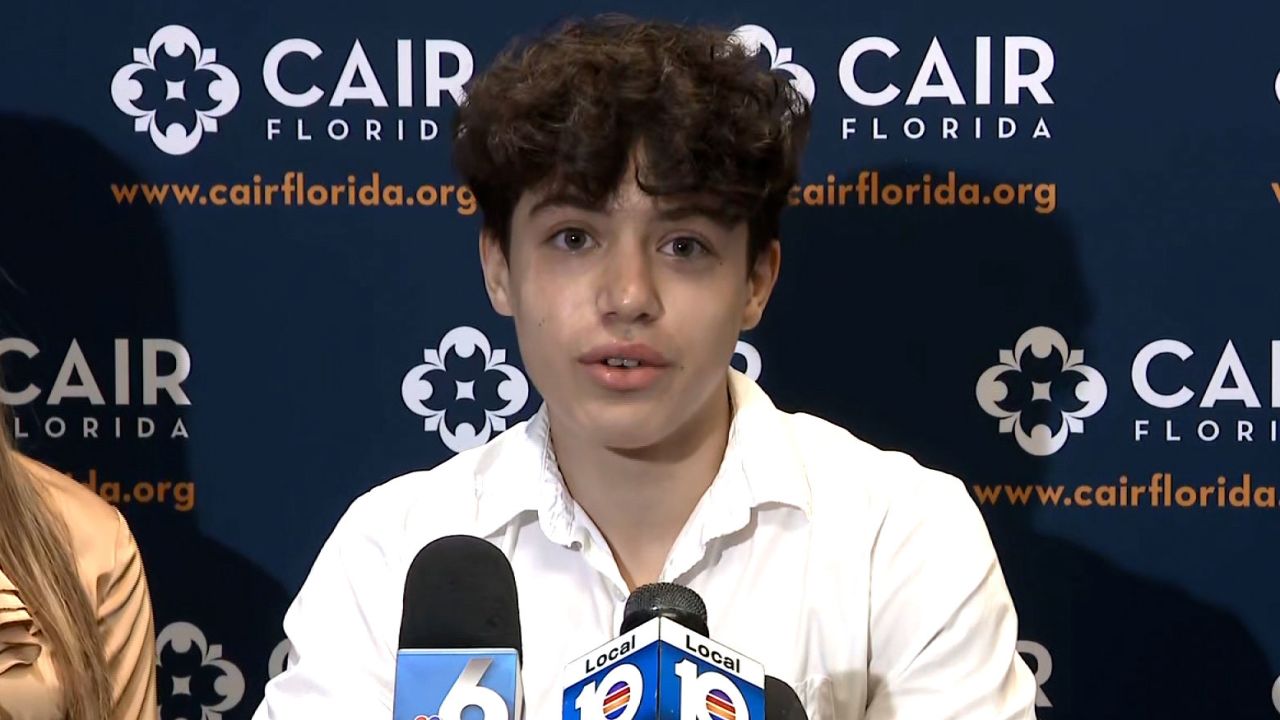 Jad Abuhamda speaks at a press conference in Sunrise, Florida, on Thursday, December 14, 2023.