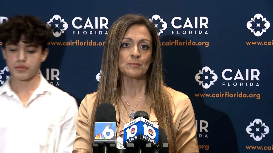 Dr. Maha Almasri speaks at a press conference in Sunrise, Florida, on Thursday, December 14, 2023.