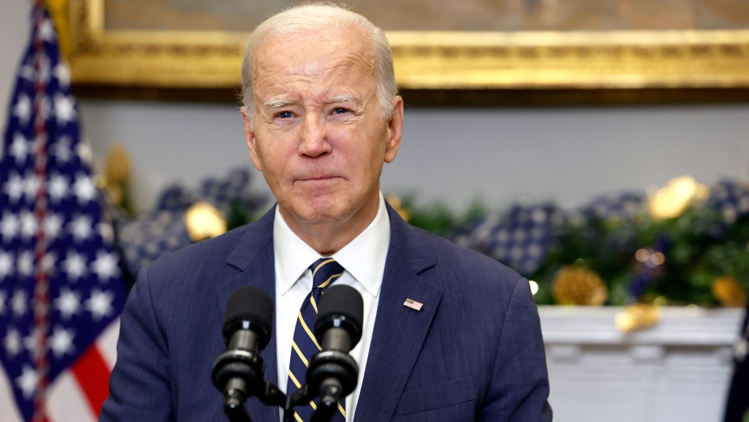President Joe Biden delivers a statement urging Congress to pass his national security supplemental from the Roosevelt Room at the White House on December 6, in Washington, DC.