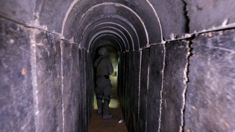 An Israeli soldier secures a tunnel underneath Al Shifa Hospital in Gaza City, amid the ongoing ground operation of the Israeli army against Palestinian Islamist group Hamas, in the Gaza Strip, November 22, 2023.