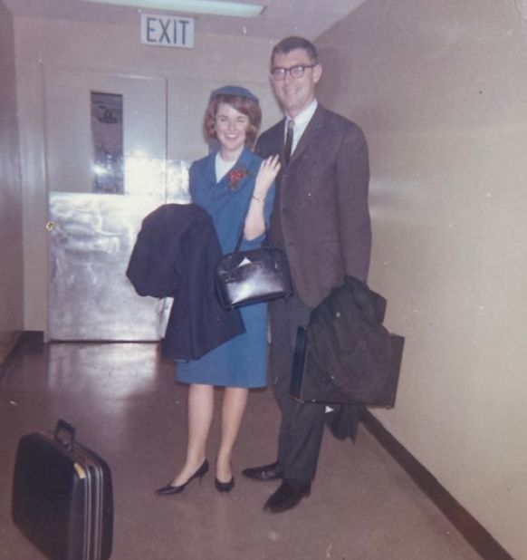 <strong>Airport proposal: </strong>Jerilyn and Bob dated long distance before getting engaged at LAX airport at Christmas 1964. Here they are pictured just moments after Bob proposed.