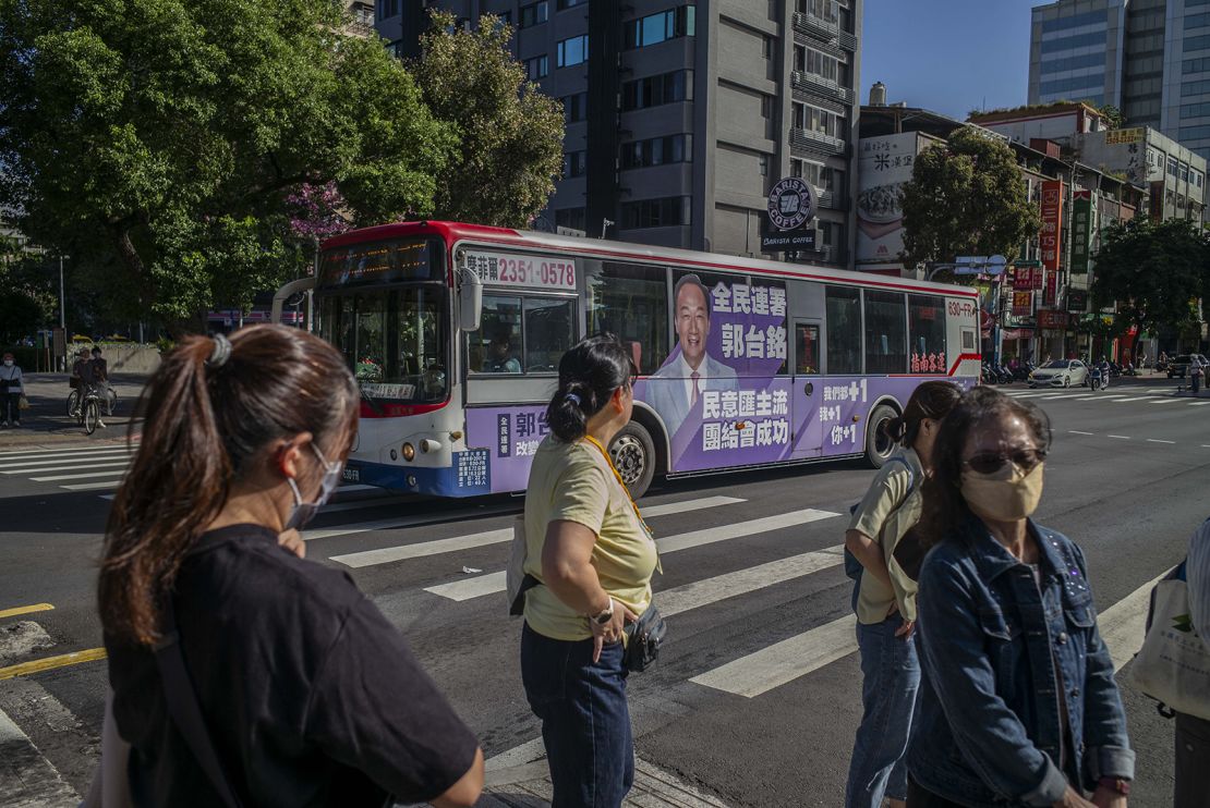 A campaign billboard featuring Foxconn Technology Group founder Terry Gou on a bus in Taipei, Taiwan, on Wednesday, November 1, 2023.