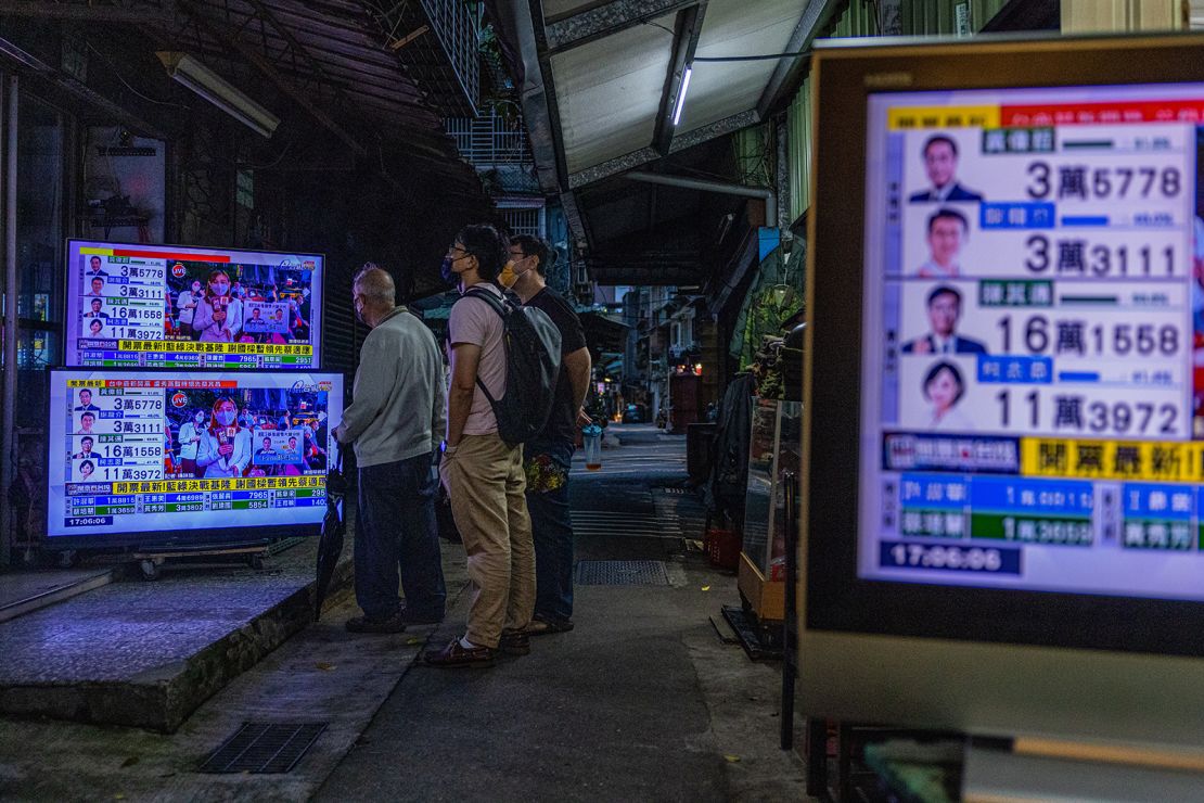 Local TV news broadcasts local elections amid tensions with China on November 26, 2022 in Taipei, Taiwan.
