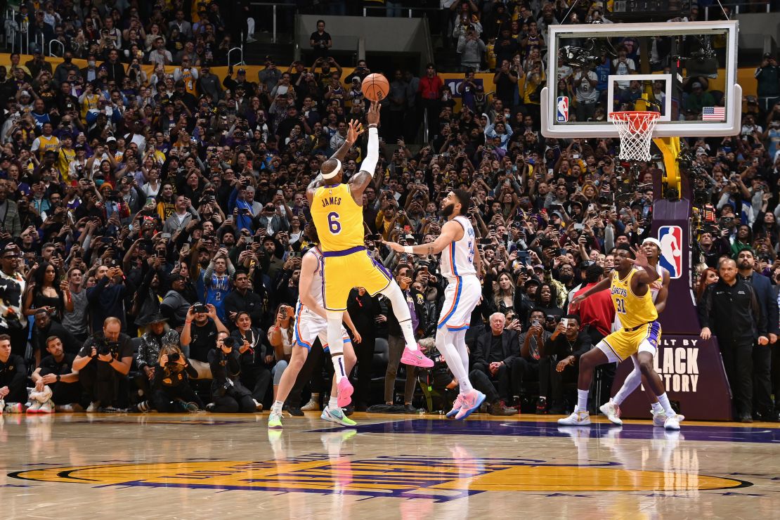 LOS ANGELES, CA - FEBRUARY 7: LeBron James #6 of the Los Angeles Lakers shoots the ball to break Kareem Abdul-Jabbar's all time scoring record of 38,388 points during the game against the Oklahoma City Thunder on February 7, 2023 at Crypto.Com Arena in Los Angeles, California. NOTE TO USER: User expressly acknowledges and agrees that, by downloading and/or using this Photograph, user is consenting to the terms and conditions of the Getty Images License Agreement. Mandatory Copyright Notice: Copyright 2023 NBAE (Photo by Andrew D. Bernstein/NBAE via Getty Images)