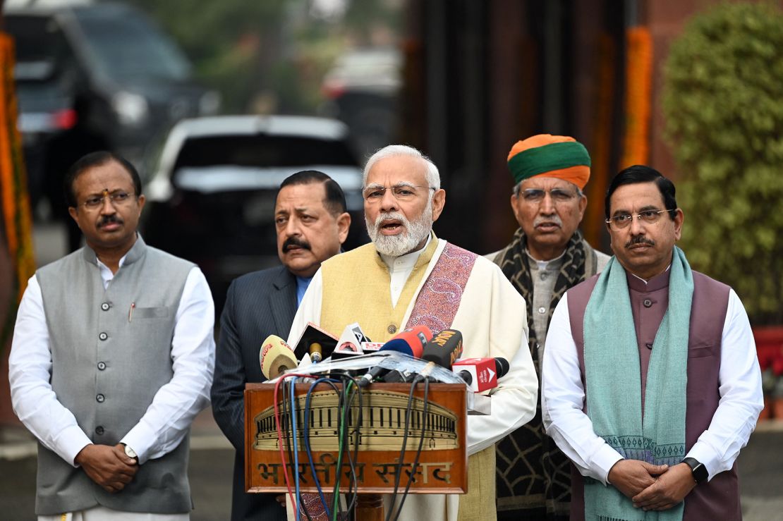 India's Prime Minister Narendra Modi (C) speaks to media at the opening of the budget session of Parliament in New Delhi on January 31, 2023. (Photo by Sajjad HUSSAIN / AFP) (Photo by SAJJAD HUSSAIN/AFP via Getty Images)