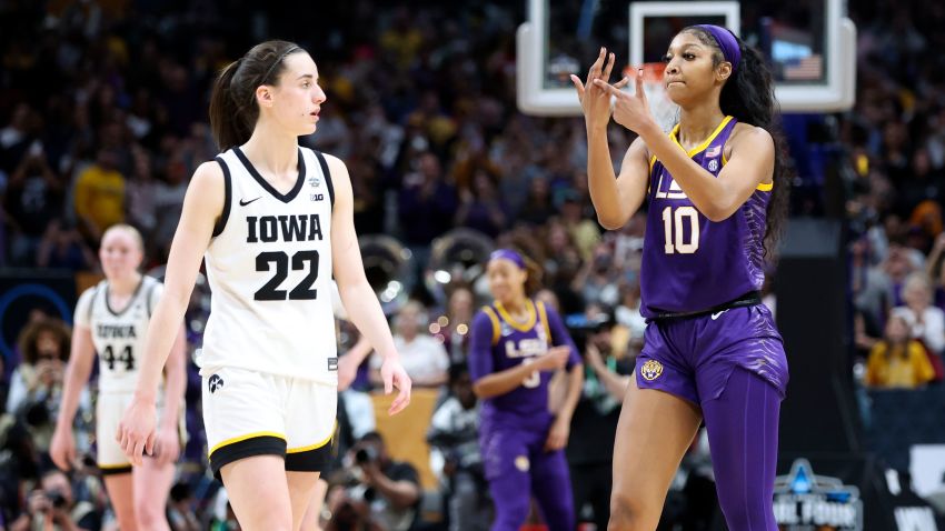 Apr 2, 2023; Dallas, TX, USA; LSU Lady Tigers forward Angel Reese (10) gestures to Iowa Hawkeyes guard Caitlin Clark (22) after the game during the final round of the Women's Final Four NCAA tournament at the American Airlines Center. Mandatory Credit: Kevin Jairaj-USA TODAY Sports