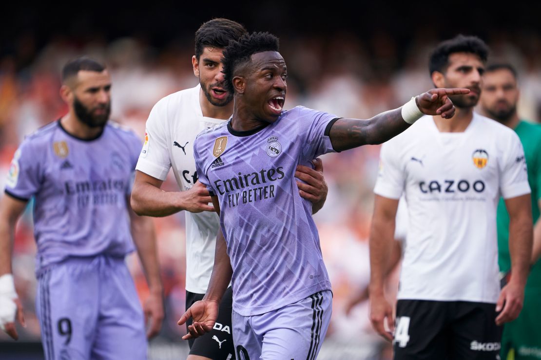 VALENCIA, SPAIN - MAY 21: Vinicius Junior of Real Madrid argues during the LaLiga Santander match between Valencia CF and Real Madrid CF at Estadio Mestalla on May 21, 2023 in Valencia, Spain. (Photo by Mateo Villalba/Quality Sport Images/Getty Images)