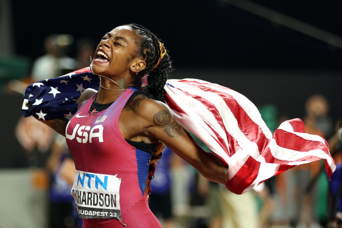 BUDAPEST, HUNGARY - AUGUST 21: Sha'Carri Richardson of Team United States celebrates winning the Women's 100m Final during day three of the World Athletics Championships Budapest 2023 at National Athletics Centre on August 21, 2023 in Budapest, Hungary. (Photo by Patrick Smith/Getty Images)