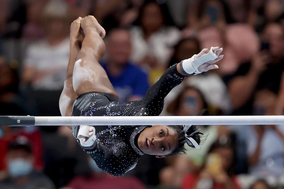 SAN JOSE, CALIFORNIA - AUGUST 27: Simone Biles competes in the uneven bars on day four of the 2023 U.S. Gymnastics Championships at SAP Center on August 27, 2023 in San Jose, California. (Photo by Ezra Shaw/Getty Images)