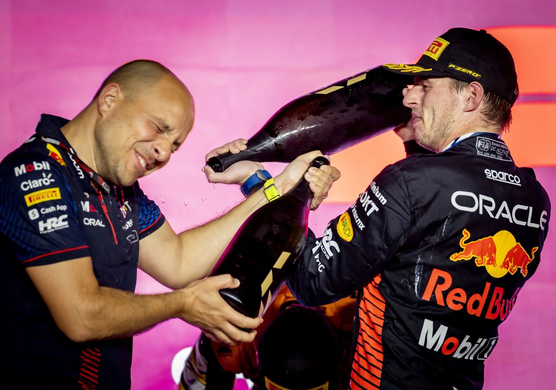 QATAR - Max Verstappen (Red Bull Racing) celebrates victory after the Formula 1 Grand Prix race at the Lusail International Circuit in Qatar. Max Verstappen became world champion a day earlier during the sprint race. ANP SEM VAN DER WAL (Photo by ANP via Getty Images)