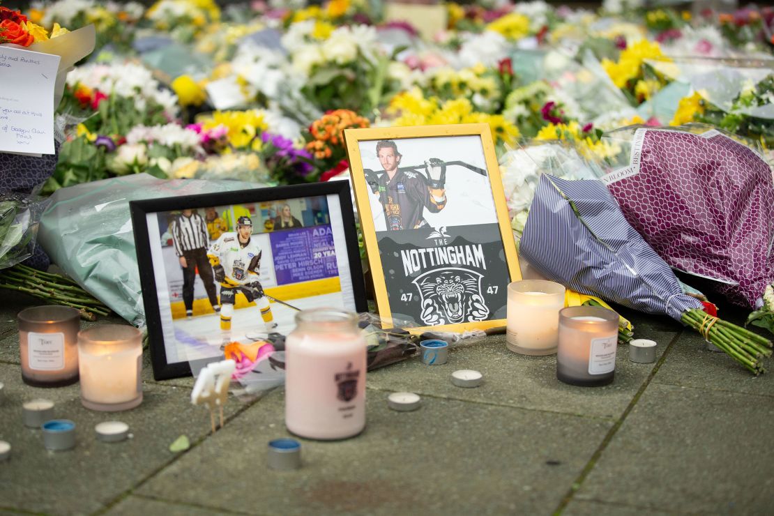 Mandatory Credit: Photo by Ben Booth/SOPA Images/Shutterstock (14174860c)
A memorial for Ice Hockey player Adam Johnson outside the Motorpoint Arena in Nottingham, home of the Nottingham Panthers. The former Pittsburgh Penguin and current Nottingham Panther was involved in a fatal on ice incident during their game with Sheffield Steelers on Saturday 28th October 2023
Adam Johnson Memorial in Nottingham, UK - 30 Oct 2023
