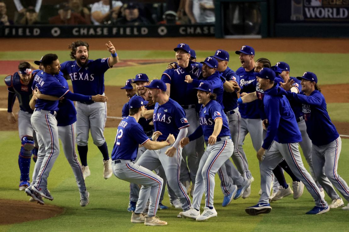 PHOENIX, ARIZONA - NOVEMBER 01: The Texas Rangers celebrate after beating the Arizona Diamondbacks 5-0 in Game Five to win the World Series at Chase Field on November 01, 2023 in Phoenix, Arizona. (Photo by Sean M. Haffey/Getty Images)