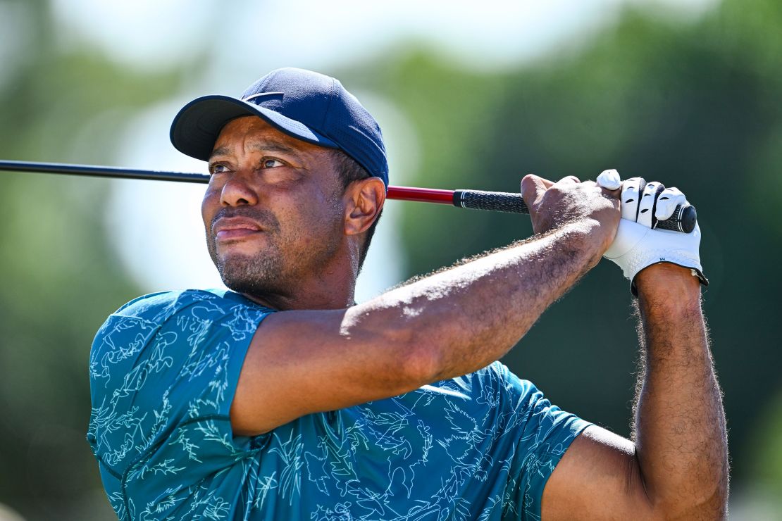 NASSAU, BAHAMAS - DECEMBER 01:  Tiger Woods plays his shot from the sixth tee during the second round of the Hero World Challenge at Albany Golf Course on December 1, 2023 in Nassau, New Providence, Bahamas. (Photo by Tracy Wilcox/PGA TOUR via Getty Images)