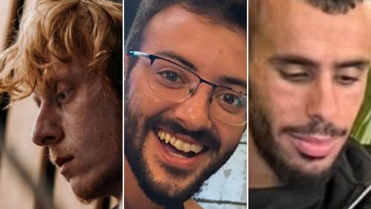 The three hostages killed are identified as, from left to right, Yotam Haim, Alon Shamriz, and Samer Talalka