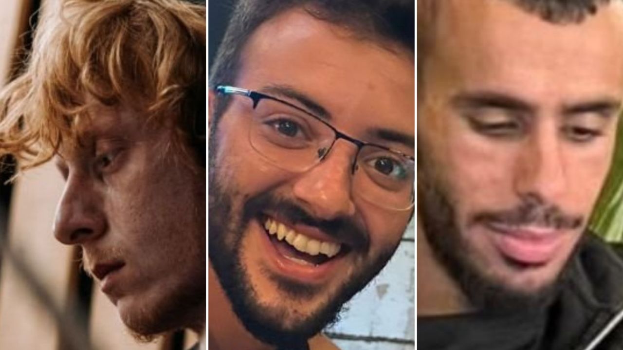 The three hostages killed are identified as, from left to right, Yotam Haim, Alon Shamriz, and Samer Talalka