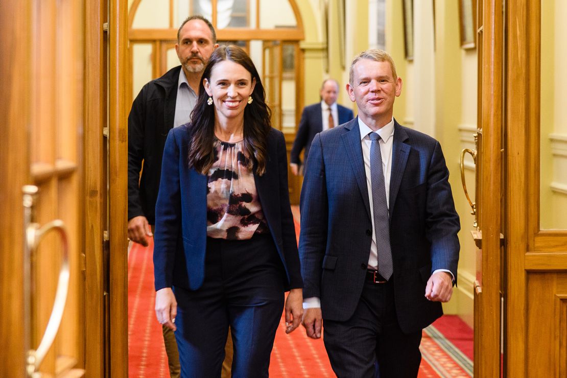 Jacinda Ardern, New Zealand's prime minister, with Chris Hipkins, New Zealand's incoming prime minister, arrive for a cabinet caucus meeting in Wellington, New Zealand, on Sunday, Jan. 22, 2023.